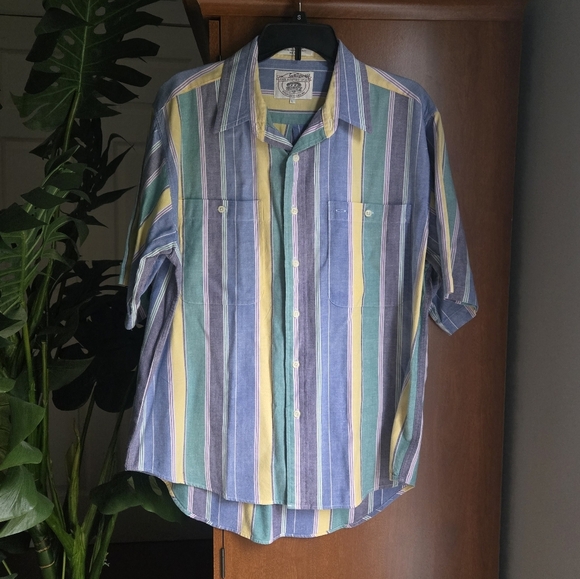 Vintage 90s John Ashford Green and Blue Casual Button Up Short Sleeve Shirt - Picture 1 of 5